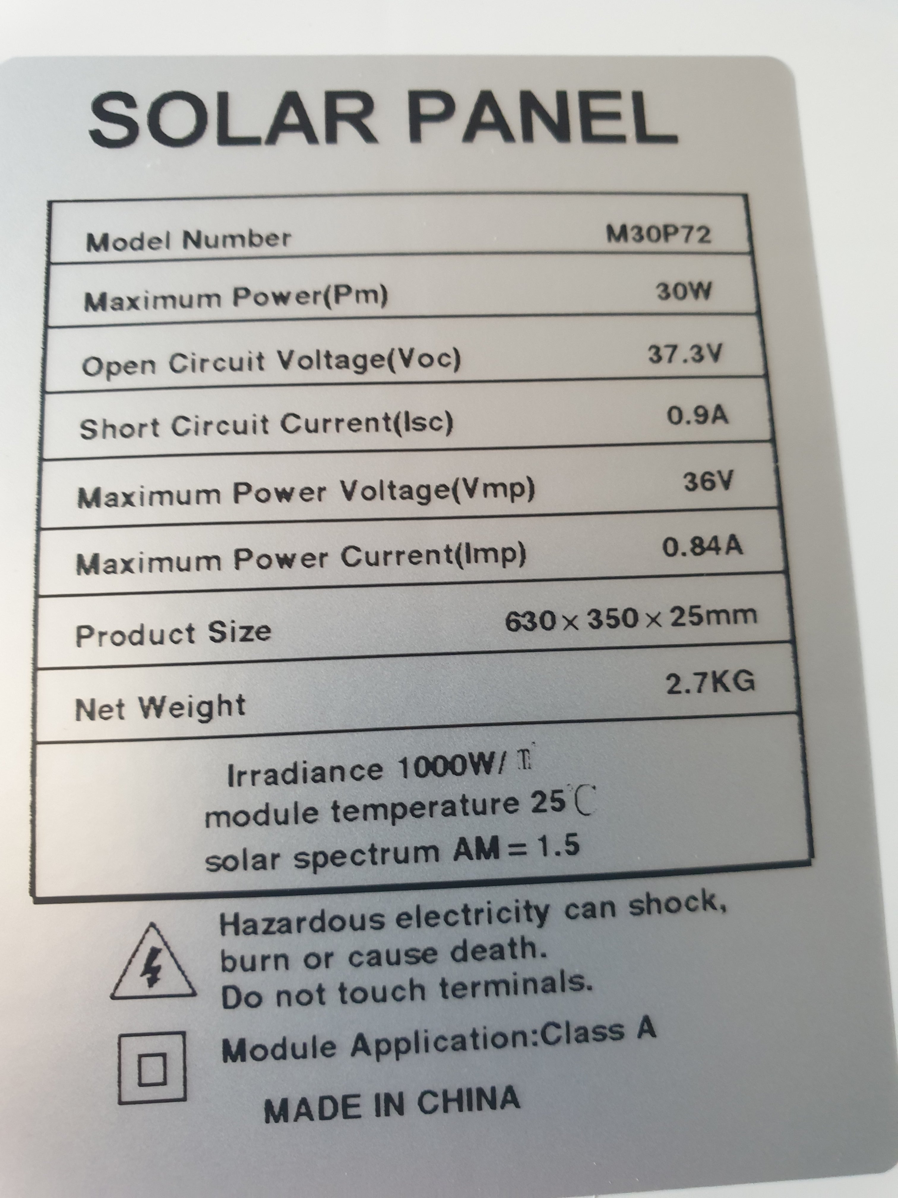 Solar Panel: 30watt, 24V.